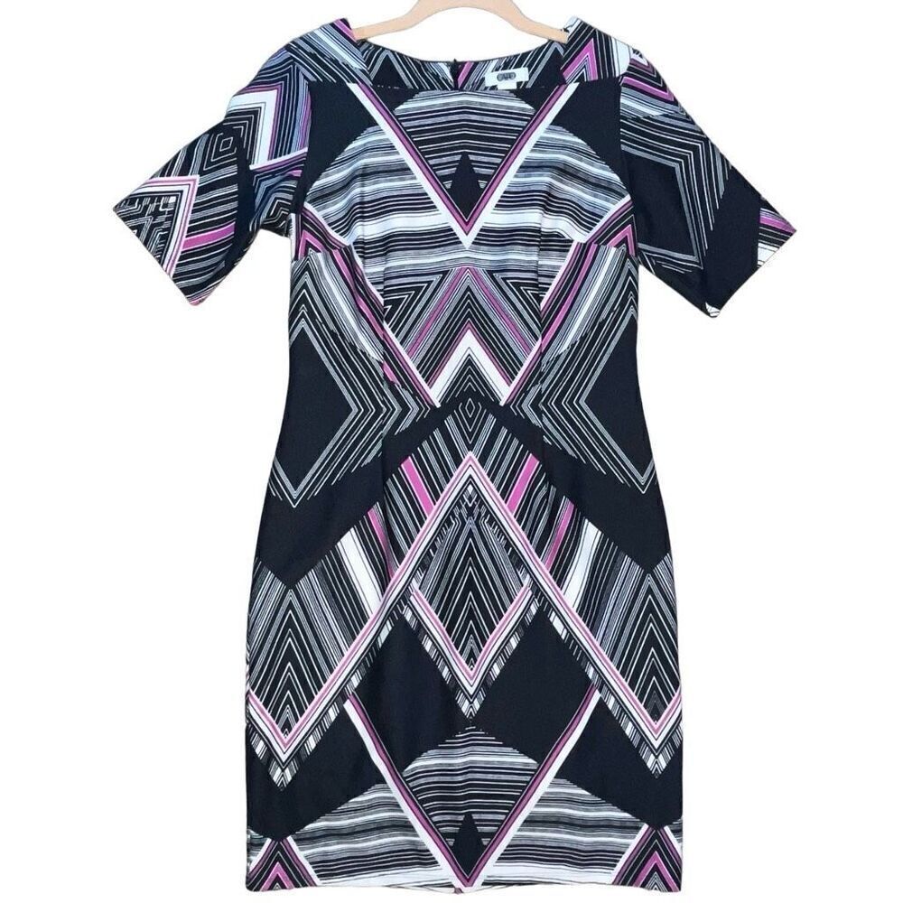 Cato Womens Sheath Dress Size 6 Black Purple Geometric Short Sleeves Knee Length